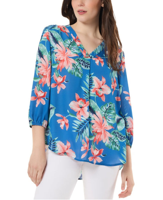 Jones New York Women's Small Blue & Floral Printed V-Neck Blouse NWT