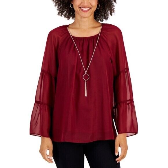 JM Collection Petite Extra Large Burgundy Long Tier-Sleeve Necklace Top NWT.