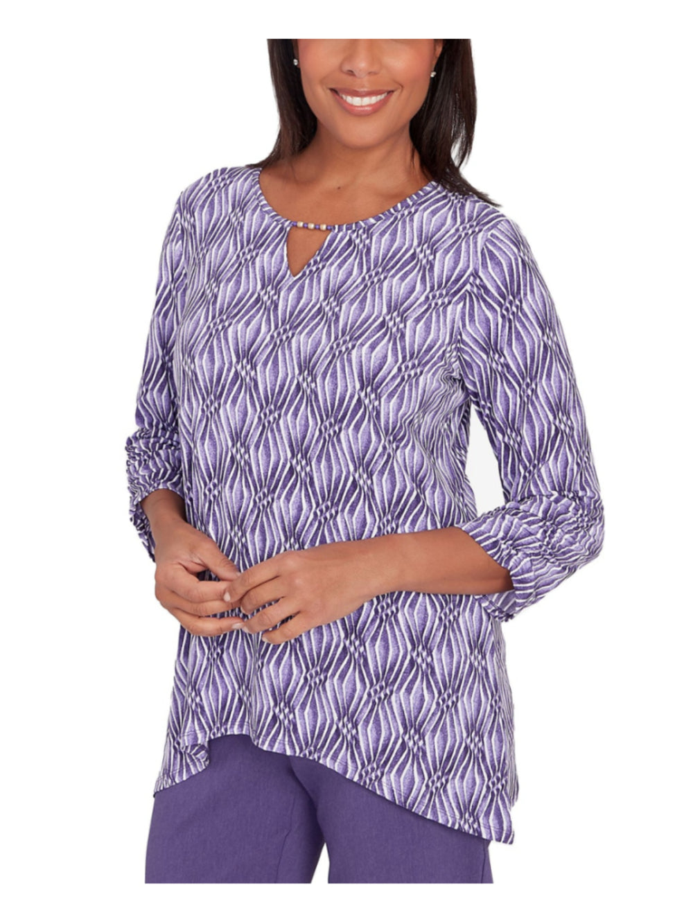 Alfred Dunner Medium Petite Purple & White Diamond Print Top / Blouse NWT