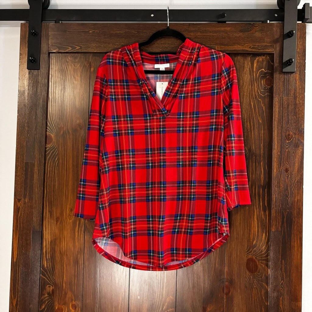 Charter Club Women's Red Traditional Plaid Pleated V-Neck Top NWT