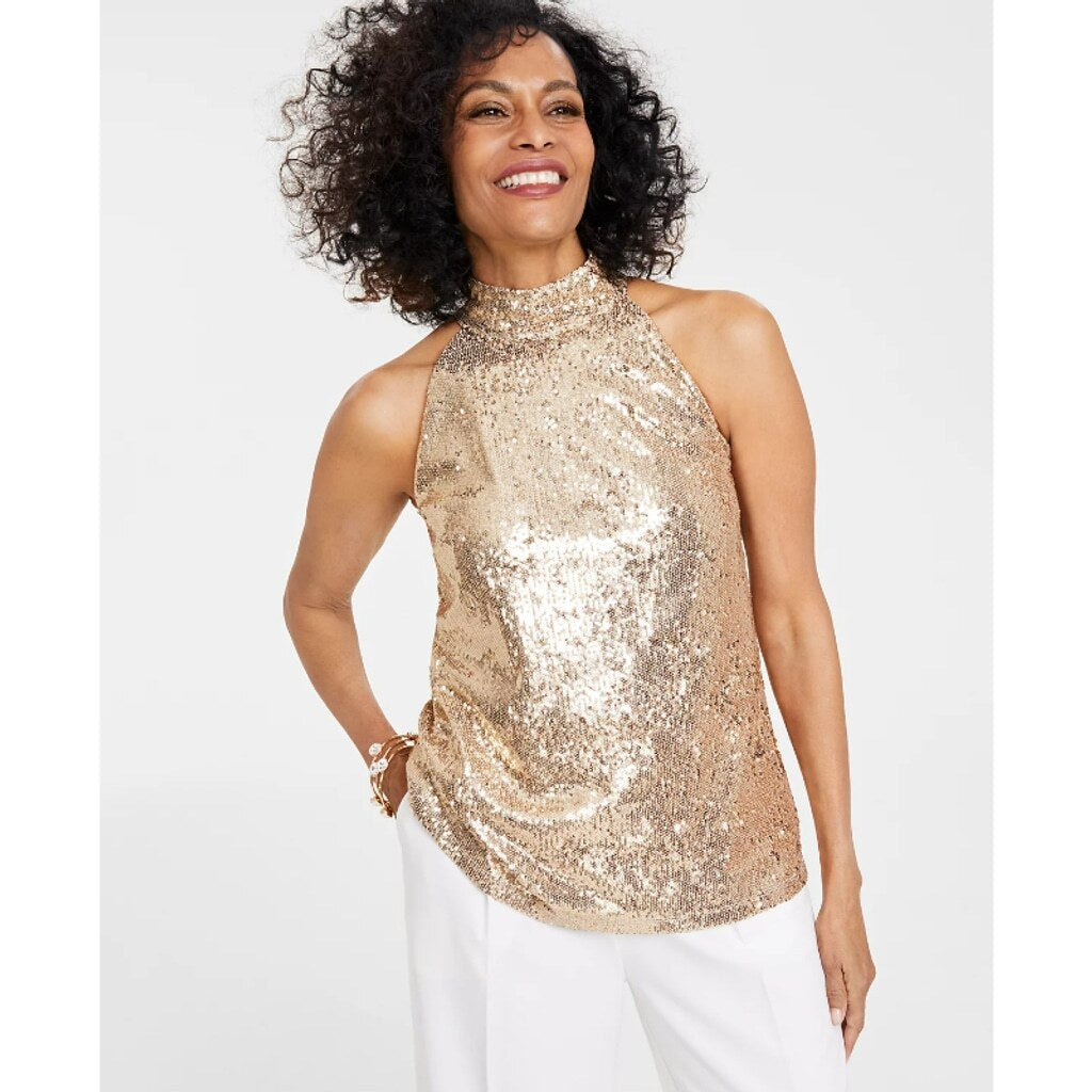 INC International Concepts Women's Medium Party Gold Sequin Halter Top NWT