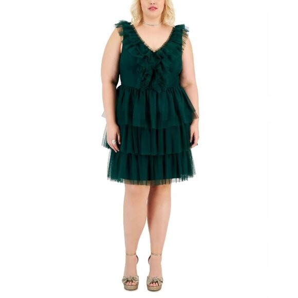 CITY STUDIOS Trendy Plus Size Dark Green Tulle Ruffle Fit & Flare Dress NWT