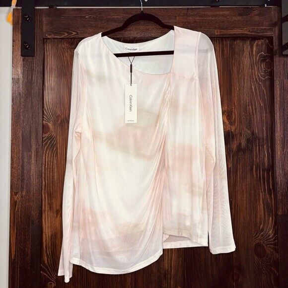 CALVIN KLEIN Plus Size Pink Asymmetrical-Neck Ruched Long-Sleeve Top NWT