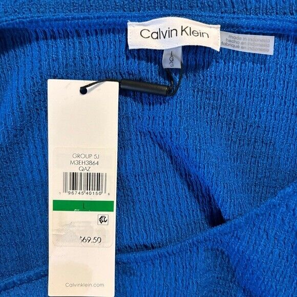 CALVIN KLEIN Cap Sleeve Pleated V-Bodice Textured Blue Blouse NWT