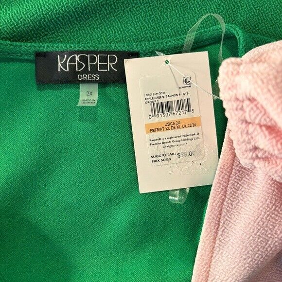 KASPER Plus Size Colorblocked Surplice Green and Pink Side-Tie Dress NWT