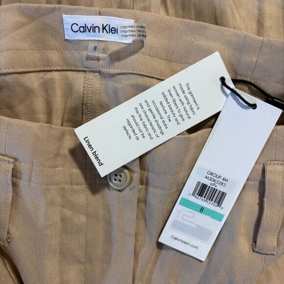 CALVIN KLEIN Women's Linen Blend High-Rise Tie-Waist Dress Pants, Beige NWT
