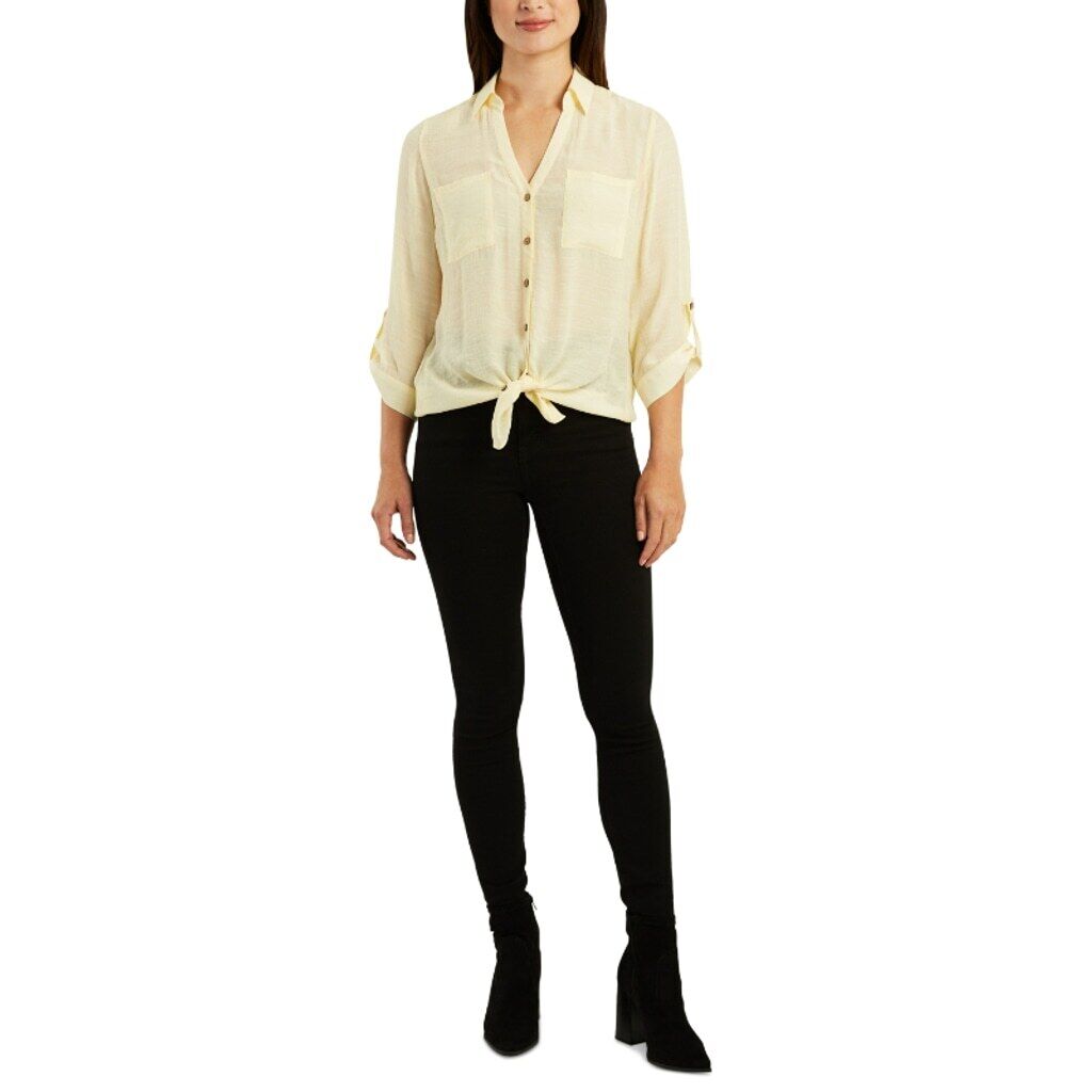 BCX Juniors' Size XS Yellow V-Neck Fold-Collar 3/4-Sleeve Utility Shirt NWT