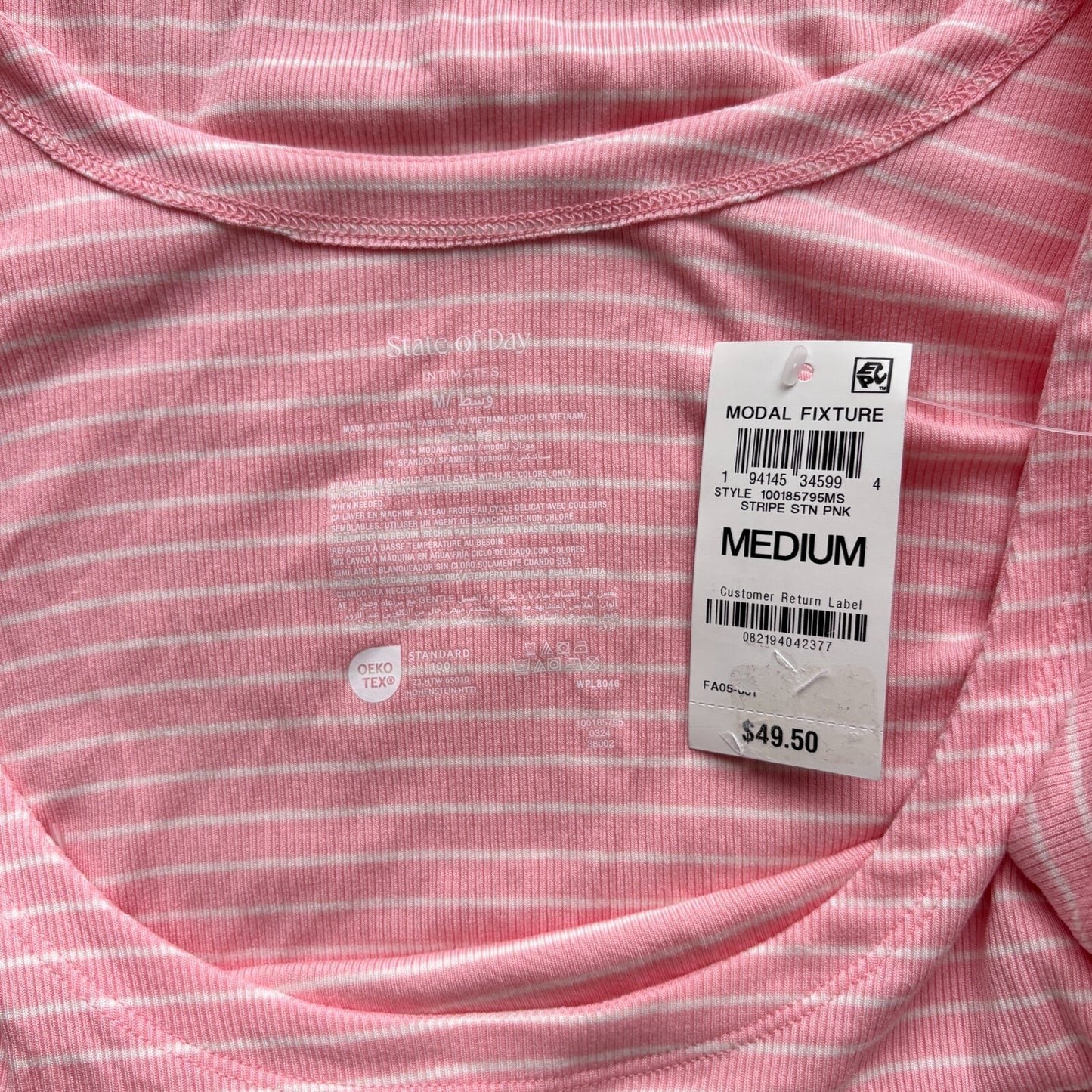 State of Day Women's Pink & White Stripe Ribbed Tank Nightgown Pajamas NWT