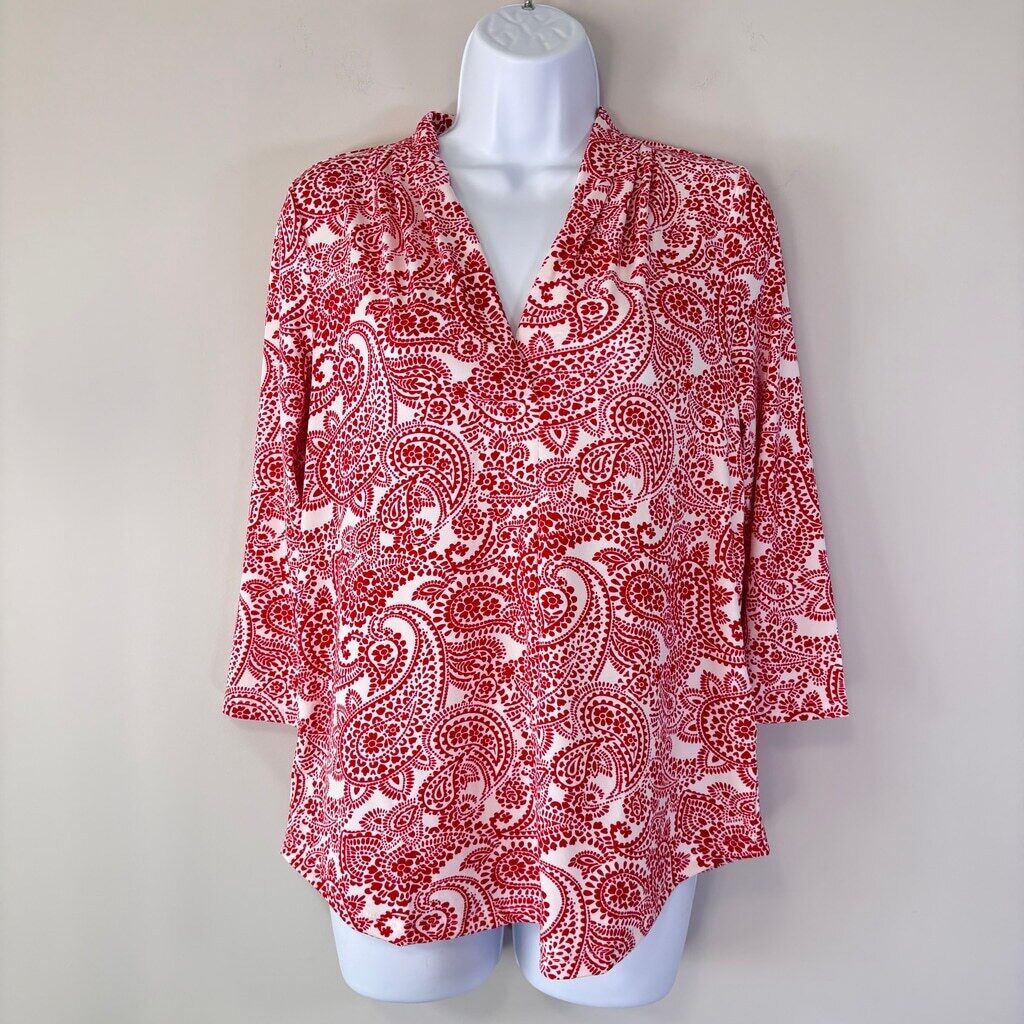 Charter Club Women's Small Petite 3/4 Sleeve Red & White Paisley V-Neck Top NWT