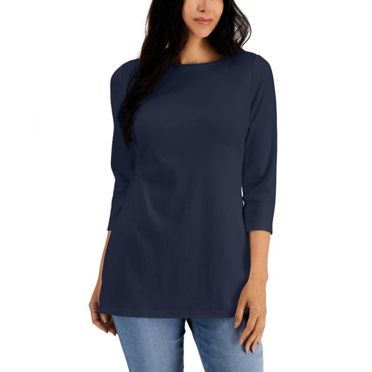 Karen Scott Women's Medium 100% Cotton Navy Blue Boat-Neck 3/4-Sleeve Top NWT