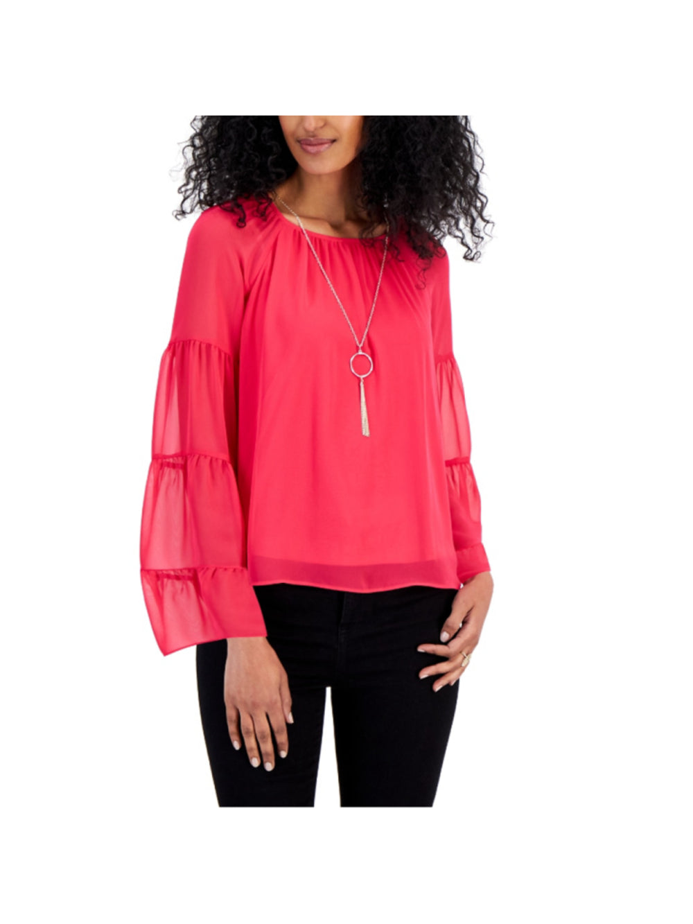 JM Collection Women's XL Pink Tiered Bell Sleeve Necklace Blouse / Top NWT