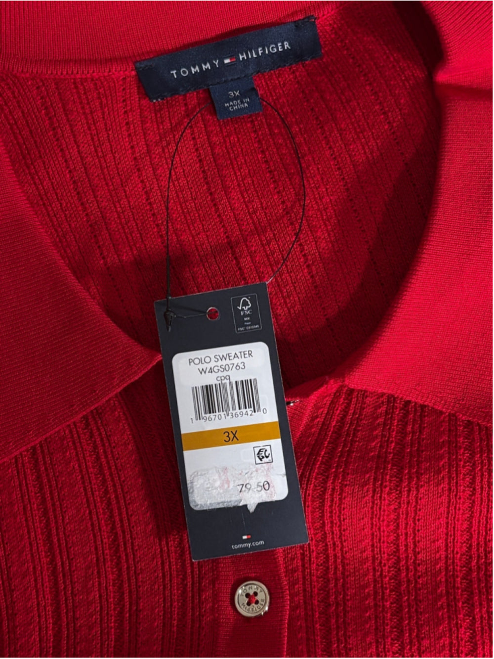 Tommy Hilfiger Plus Size 3X Red Ribbed Short-Sleeve Polo Sweater Top NWT