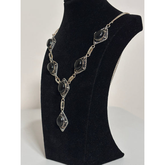 925 Silver Plated Black Onyx Handmade Drop Necklace NWT