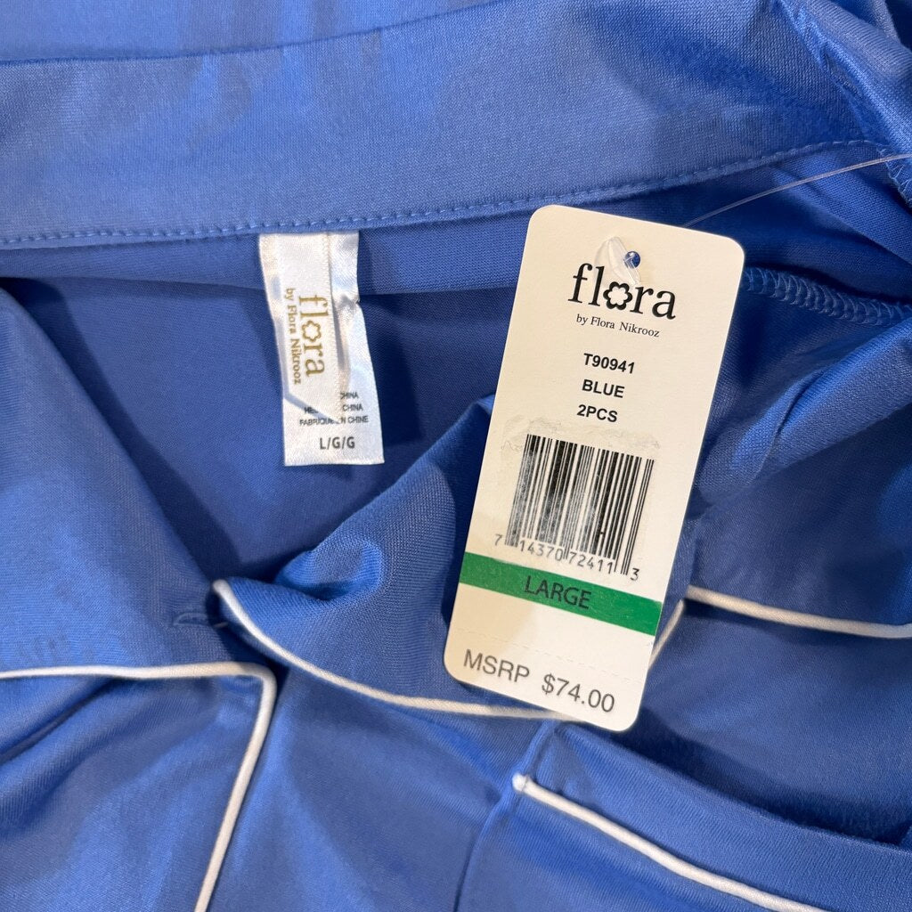 Flora Women's Size Large Blue Button-Down Pajama Top with White Piping NWT