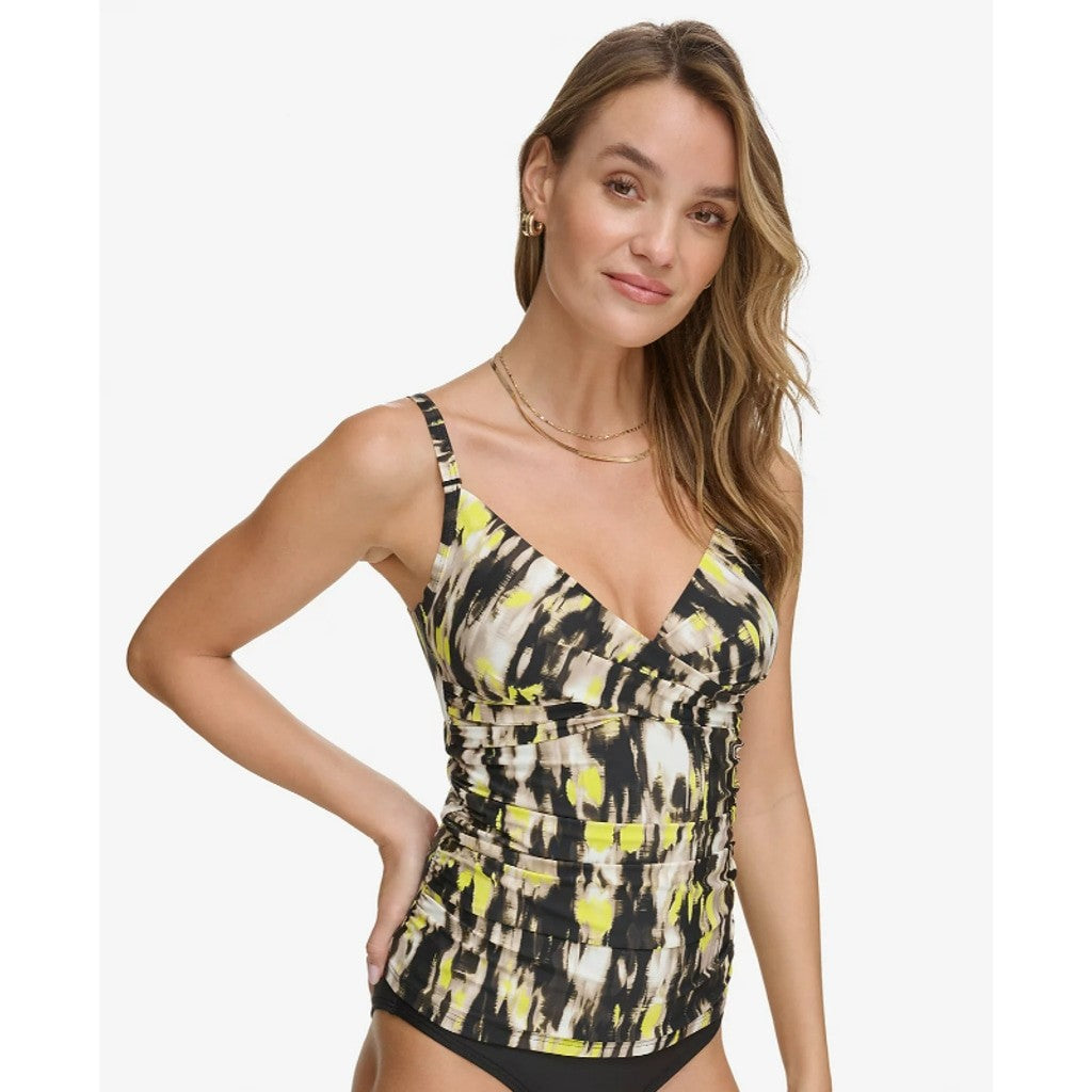 DKNY Women's Size Small Yellow Multicolor Twist-Front Tankini Swim Top NWT