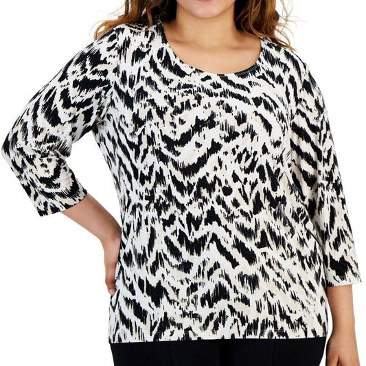 JM Collection Plus Size Printed Jacquard 3/4-Sleeve Top NWT