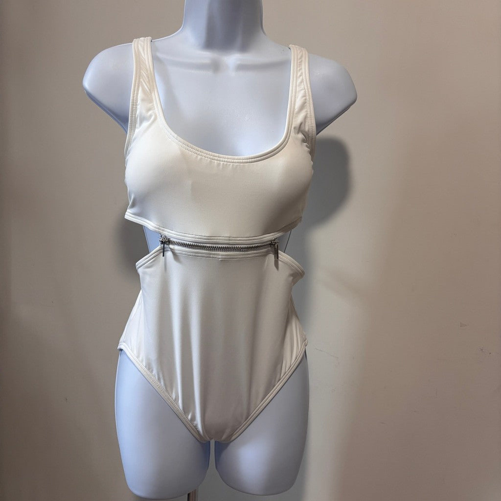 Michael Kors Women's Size 8 White Zip-Trim Cutout One Piece Swimsuit NWT