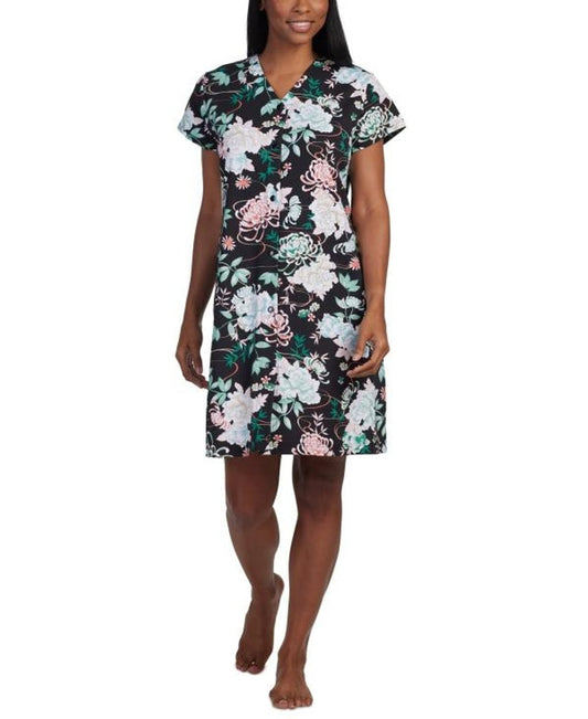 Miss Elaine Women's Black Floral Short-Sleeve Floral Snap Robe NWT