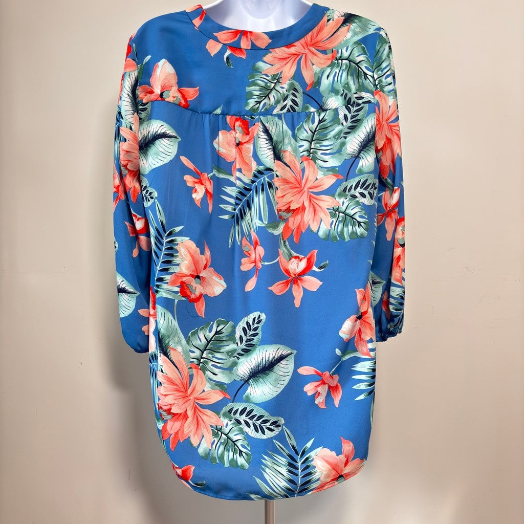 Jones New York Women's Small Blue & Floral Printed V-Neck Blouse NWT