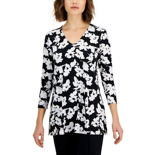 Alfani Women's Black & White Printed 3/4-Sleeve V-Neck Tunic Top NWT