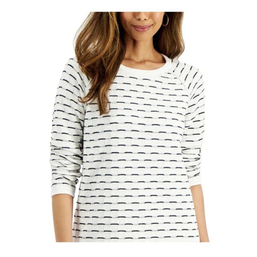 Karen Scott XL Petite White & Black 100% Cotton Curved-Hem Sweater NWT