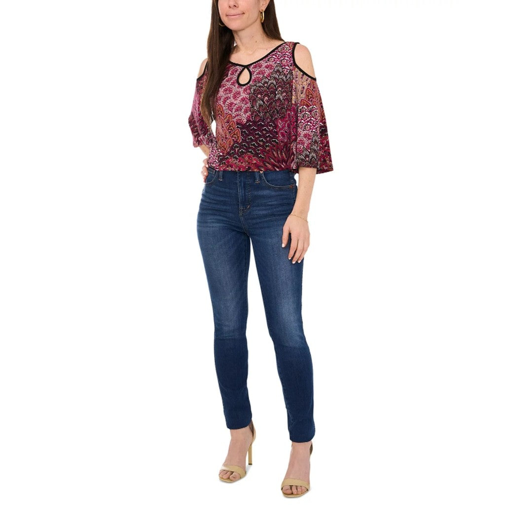 Sam & Jess Women's Medium Petite Purple Paisley Cold-Shoulder Knit Top NWT