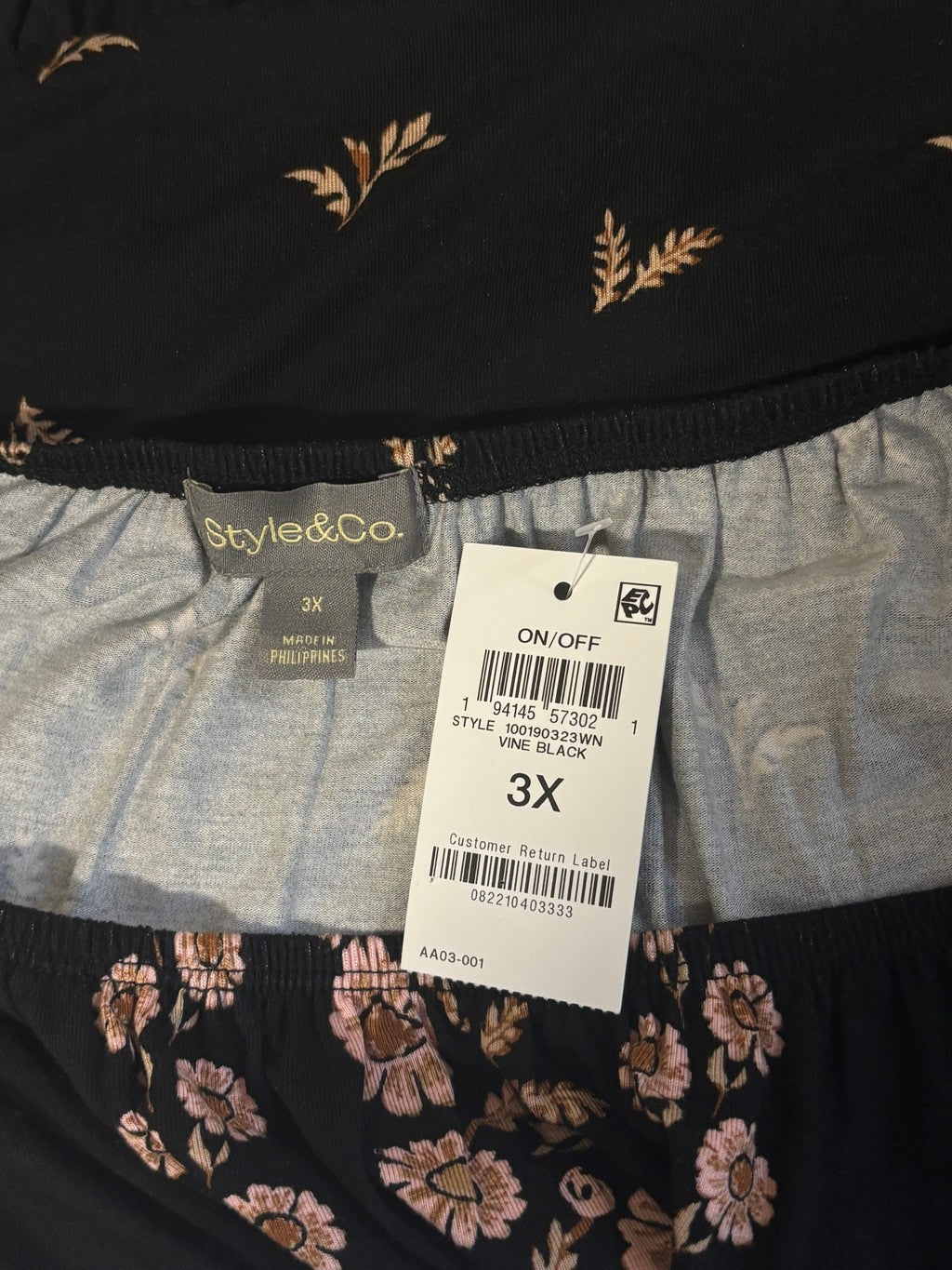 Style & Co Plus Size Black Floral Peasant Blouse, 3/4-Sleeve Top NWT