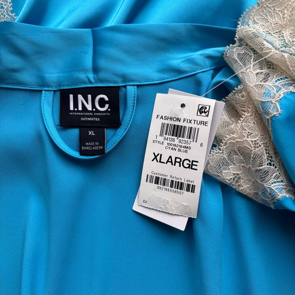INC International Concepts Women's Blue w/ Lace-Trim Stretch Satin Robe NWT