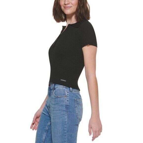 Calvin Klein Jeans Petite Medium Black Ribbed Polo Short Sleeve Shirt NWOT