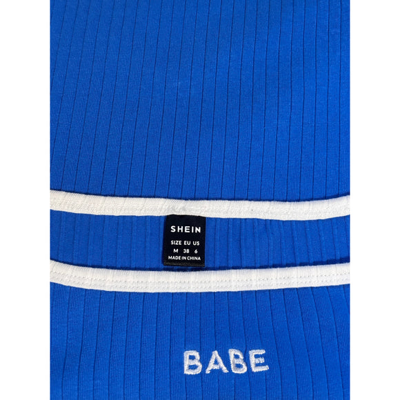 SHEIN Size Medium Blue & White Ribbed “BABE” Short Sleeve Bodysuit NWT