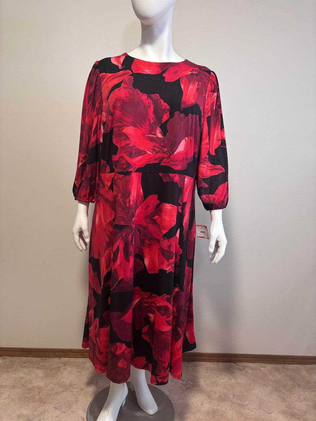Kasper Plus Size 3X Red & Black Sparkly Floral Midi Dress NWT