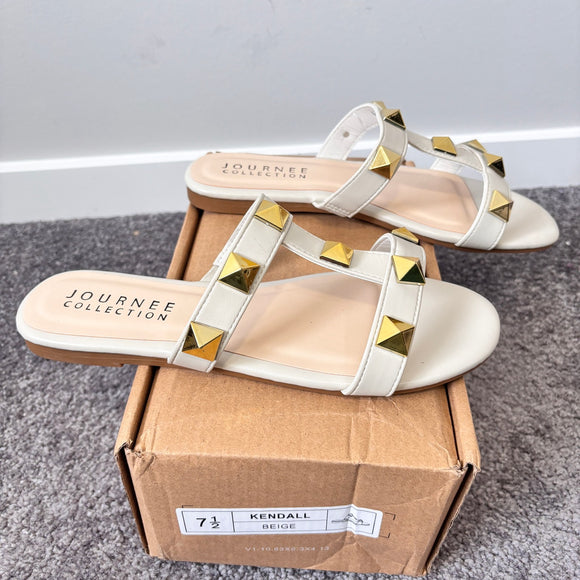 Journee Collection Women's 7.5 Beige Khaki Kendall Gold Studded Sandals NIB