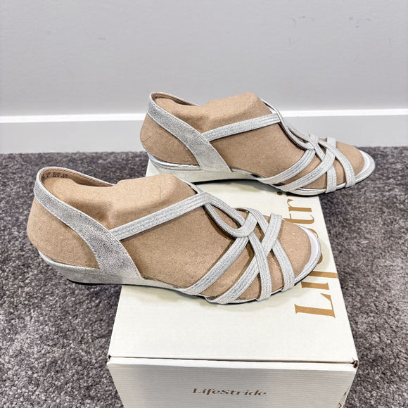 Life Stride Women's 6.5 & 7 Silver Sparkle Strappy Wedge Sandals NIB
