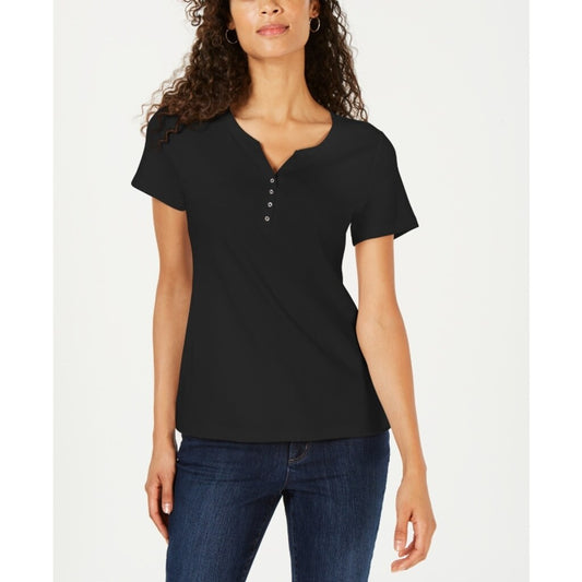 Karen Scott Women's Medium Petite 100% Cotton Black Henley Short Sleeve Top NWT