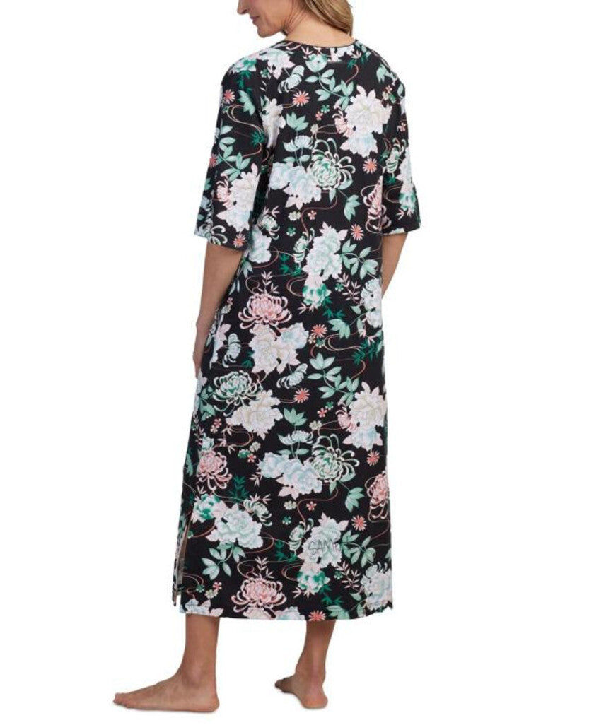 Miss Elaine Women's Black and Floral Printed 3/4-Sleeve Zip-Front Long Robe NWT