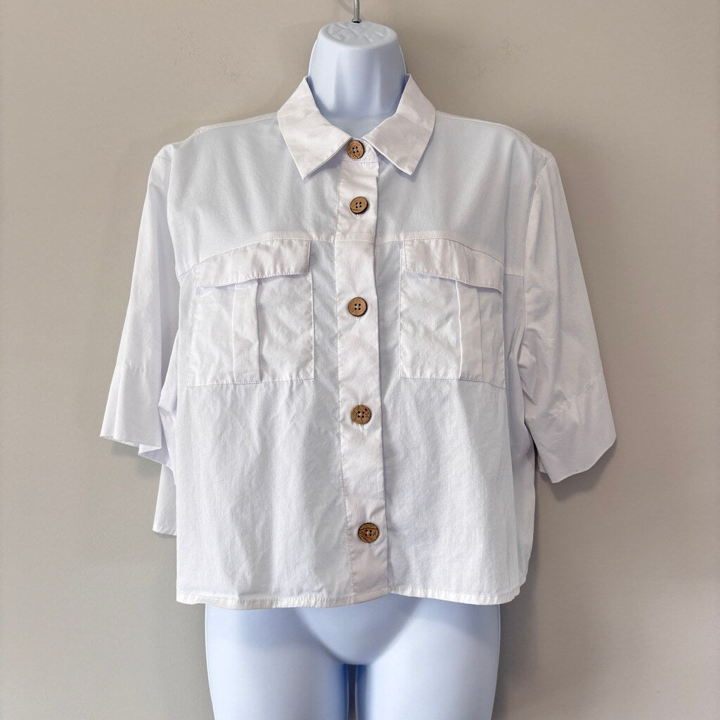 Bar III Women's Size XXL White Cropped Cuffed-Sleeve Pocket Shirt NWT