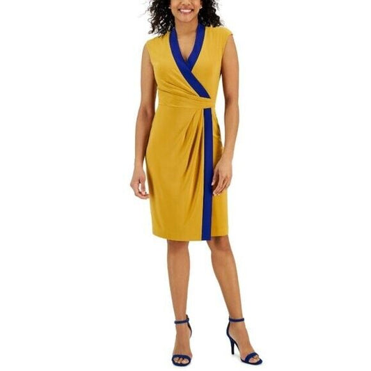 KASPER Colorblocked Blue and Gold Faux-Wrap Cap-Sleeve Dress NWT
