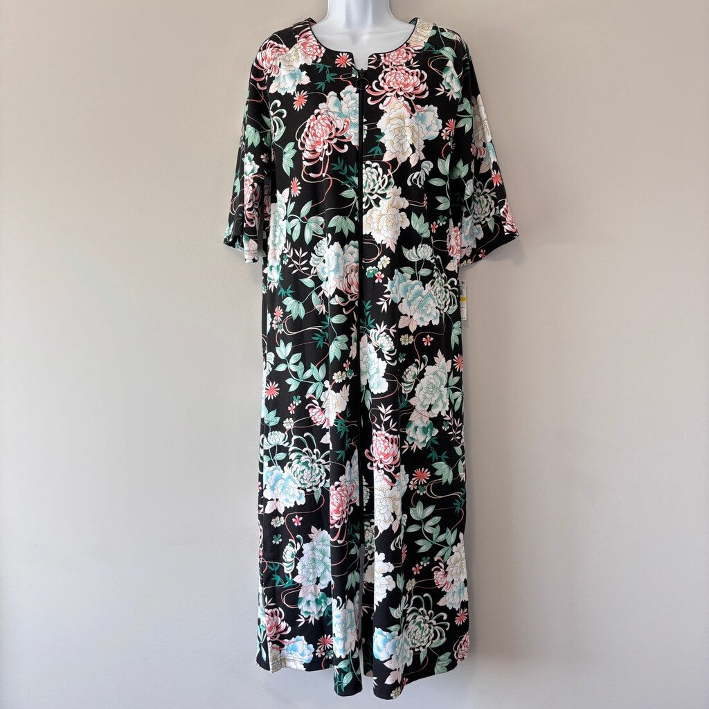 Miss Elaine Women's Black and Floral Printed 3/4-Sleeve Zip-Front Long Robe NWT