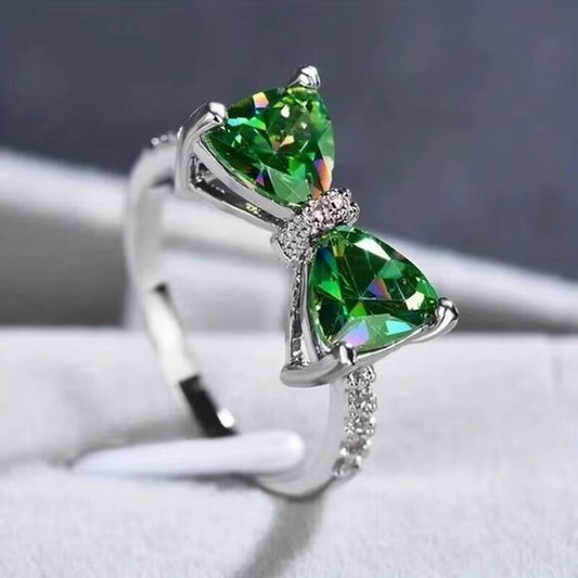 Emerald Green Bow Ring with Cubic Zirconia Accents NWT