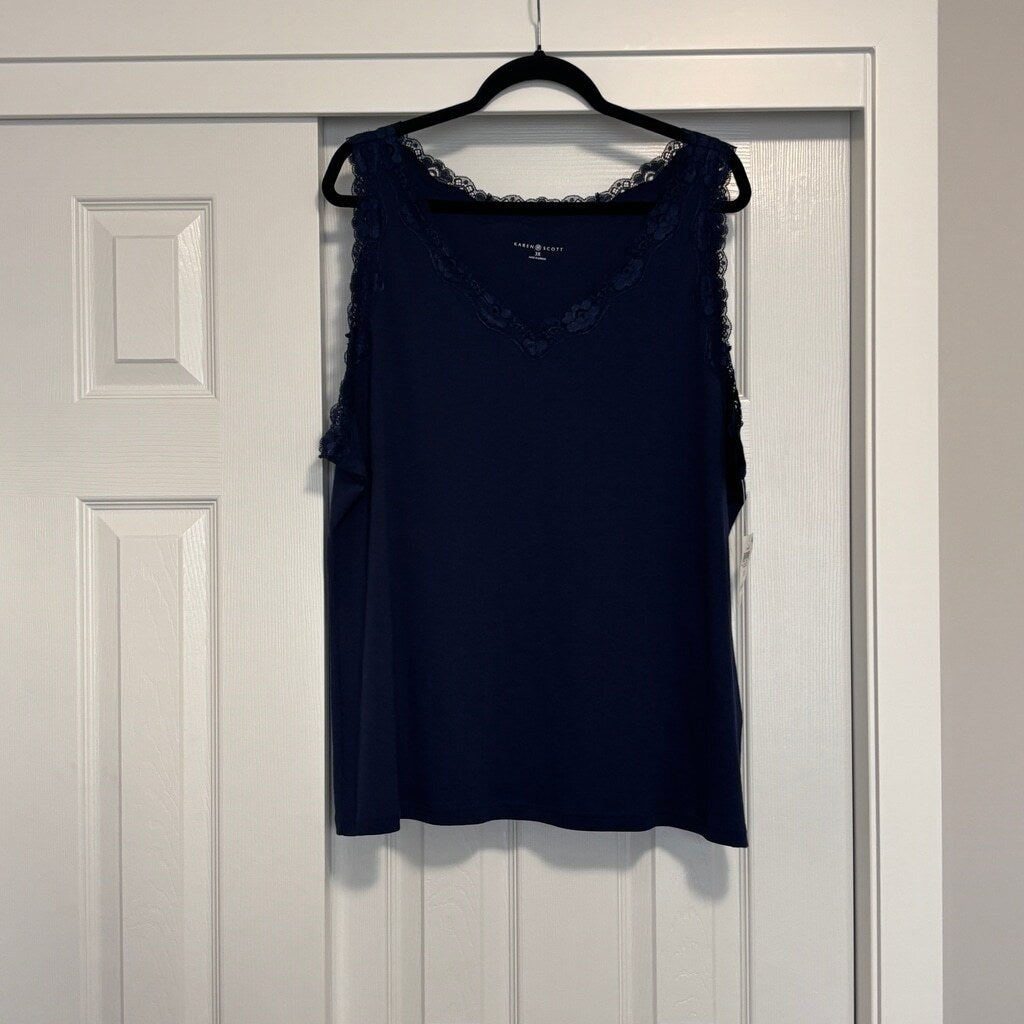 Karen Scott Women's Plus Size 3X 100% Cotton Navy Blue Lace-Trim Top NWT