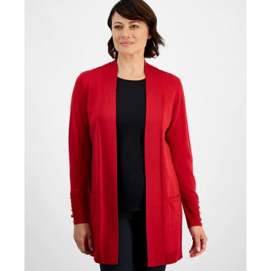 JM Collection Large Red Open Front Long Cardigan Gold Button Sleeve NWT