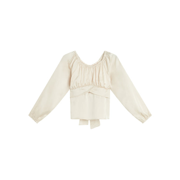 Beautees Size Extra Large Beige Tie-Back Satin Peasant Blouse Top NWT