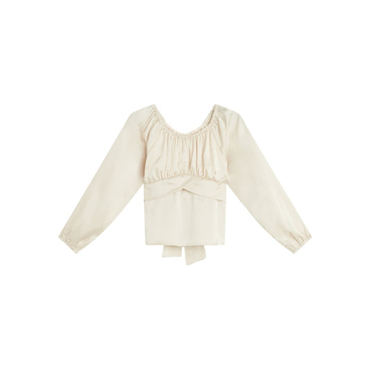 Beautees Size Extra Large Beige Tie-Back Satin Peasant Blouse Top NWT