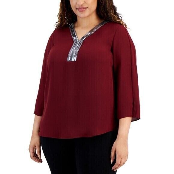 JM COLLECTION Plus Size Burgundy Sequined-Neck 3/4-Sleeve Top NWT