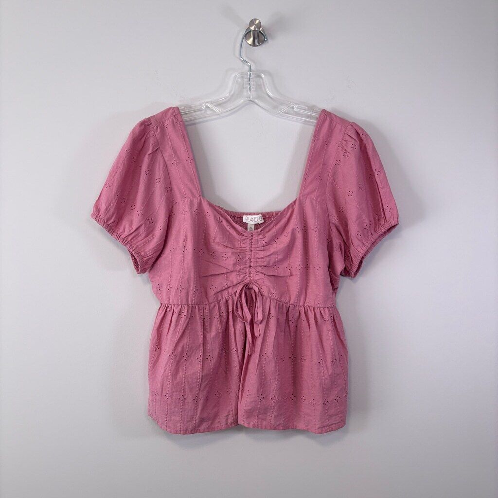 Planet Gold Juniors' XL Pink 100% Cotton Eyelet Puff-Sleeve Peplum Top NWOT.