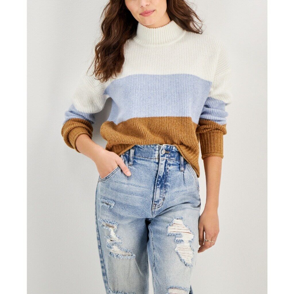 Pink Rose Juniors' Medium Soft Color-blocked Mock-Neck Sweater NWT