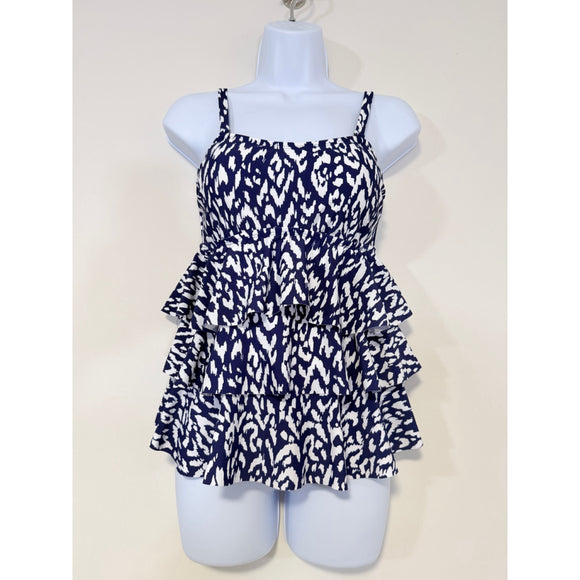 Island Escape Women's Blue & White Printed Tiered Tankini Top NWT
