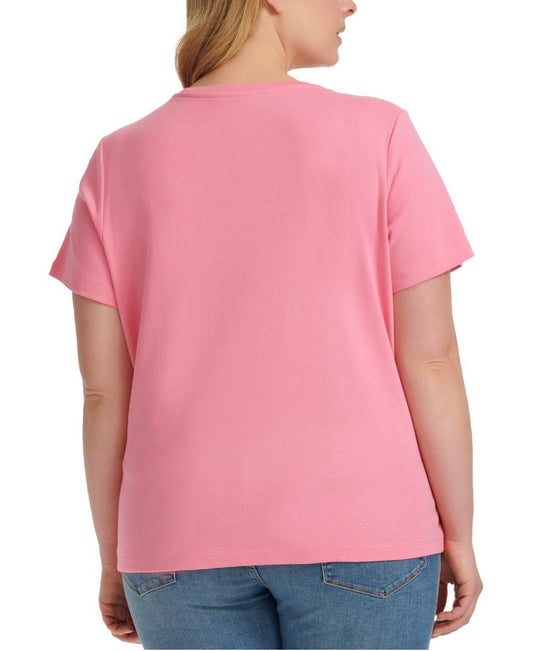 Tommy Hilfiger Plus Size 2X Pink V-Neck Flag Logo Tee 100% Cotton T-Shirt NWT