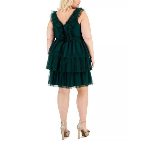 CITY STUDIOS Trendy Plus Size Dark Green Tulle Ruffle Fit & Flare Dress NWT