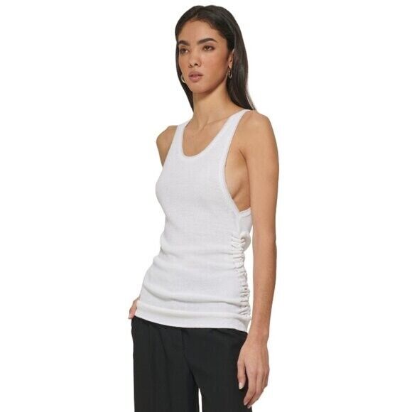 DKNY Women's Medium White Ruched Scoop-Neck Metallic-Trim Tank Top NWT
